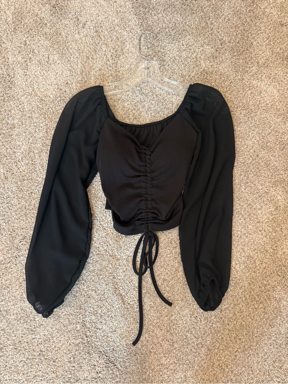 Black Ruched Tie-Front Long Sleeve Crop Top